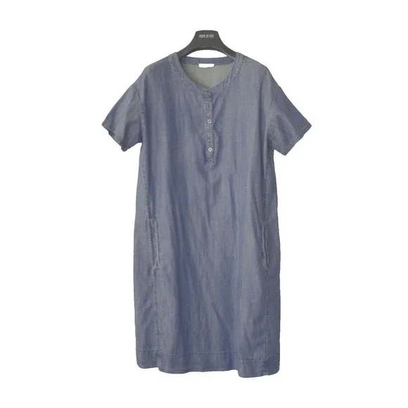 A7 Auth EILEEN FISHER Tencel & Organic Cotton Denim 1/4 Button Dress Size M